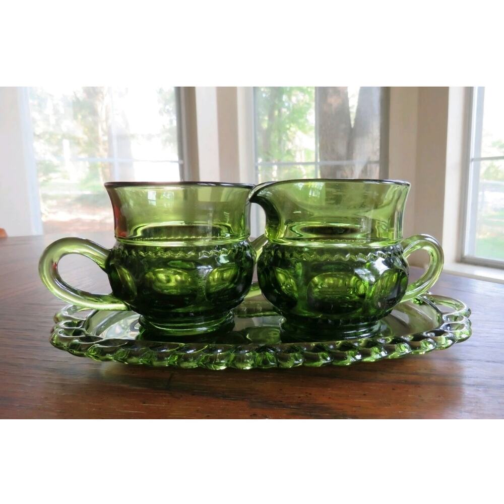 Vintage Indiana Glass Colony Crown Green Creamer Sugar Tray Set Avocado MCM 3pc